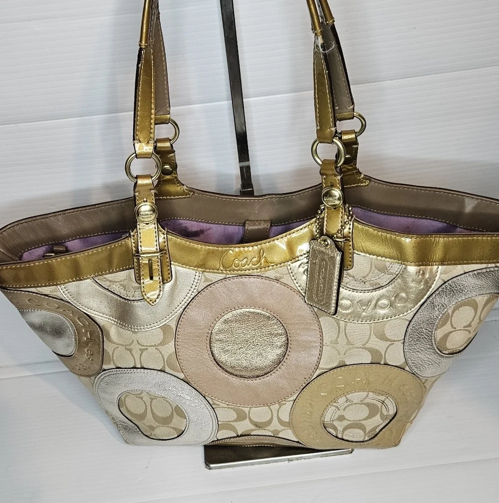 Coach Carly F16180 Vintage Tote – Y2K Metallic Patchwork Logo Canvas Purse, Gold